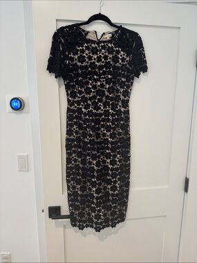 Shoshanna Black Floral Lace Midi Dress with Nude Underlay